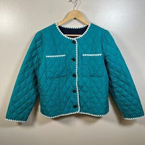 Talbots Quilted Jacket Size Large Green Embroidered Trim Lightweight Casual